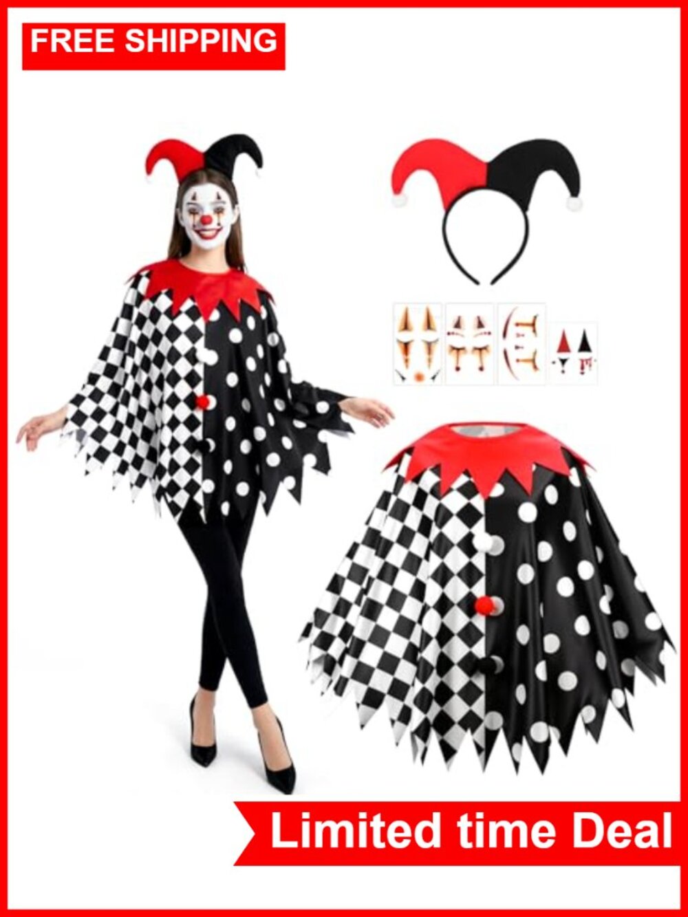3 Pcs Halloween Clown Costume Set Jester Poncho Headband Face Stickers